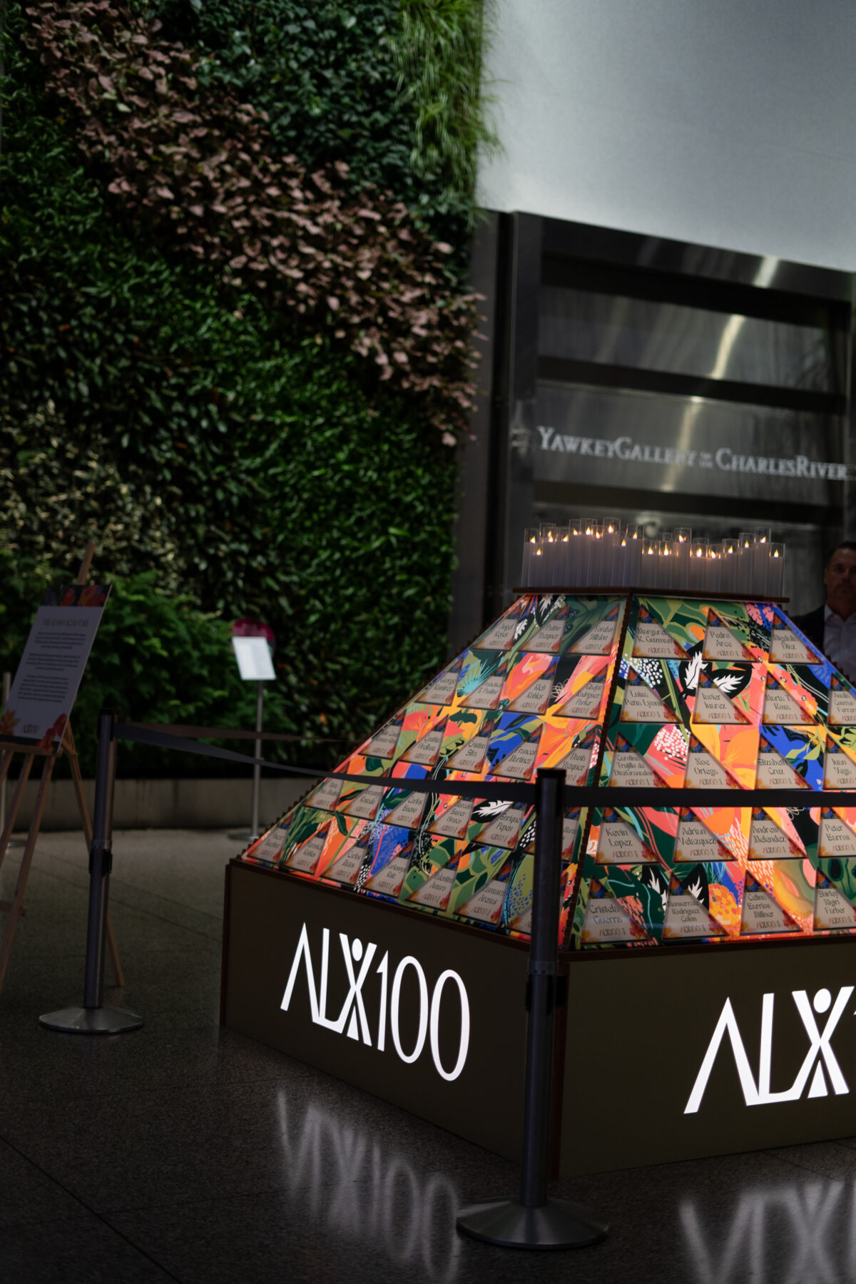 The ALX100 pyramid sculpture on display, each engraved piece honoring a Latino leader